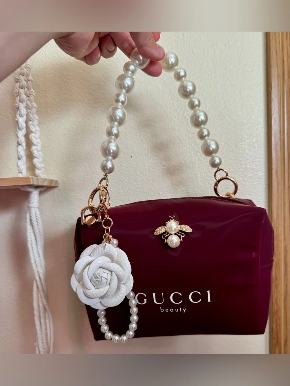 Gucci Burgundy Pearl-Handle Cosmetic Case with Bee Accent